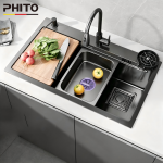 PHITO 5mm Thickened 304 Stainless Steel Multifunctional Kitchen Sink - Rice Grain Embossed - Image 2