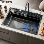 PHITO Multifunctional Kitchen Sink - Nano Honeycomb Embossed 304 Stainless Steel with Digital Display & Accessories Set